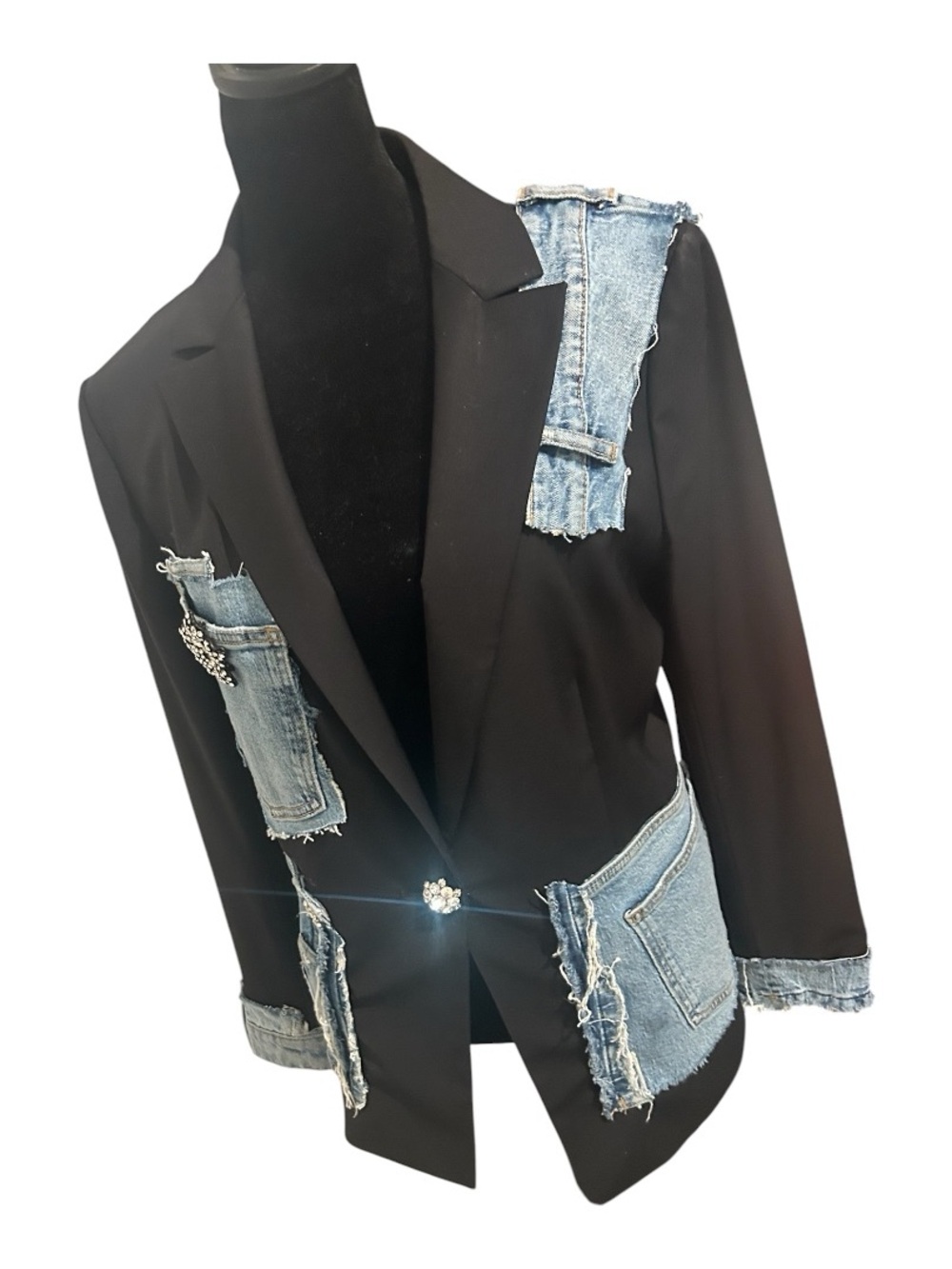 Black Blazer with Denim Patchwork and Crystal Brooches - Picture 2 of 6